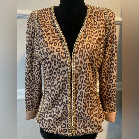 XS Boston Proper leopard faux suede jacket blazer with gold chain trim - Picture 3 of 13